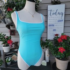 LA BLANCA ♡ Gorgeous Vintage 1pc Aqua Blue 'n White Trim Bralette Swimsuit 8